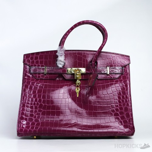 H*rmes Shiny Bordeaux Crocodile Birkin Bag Gold Hardware